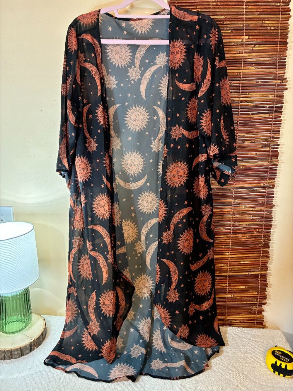 Celestial Sun Moon & Stars Sheer Black Kimono Cardigan Cover Up Boho Whimsigoth